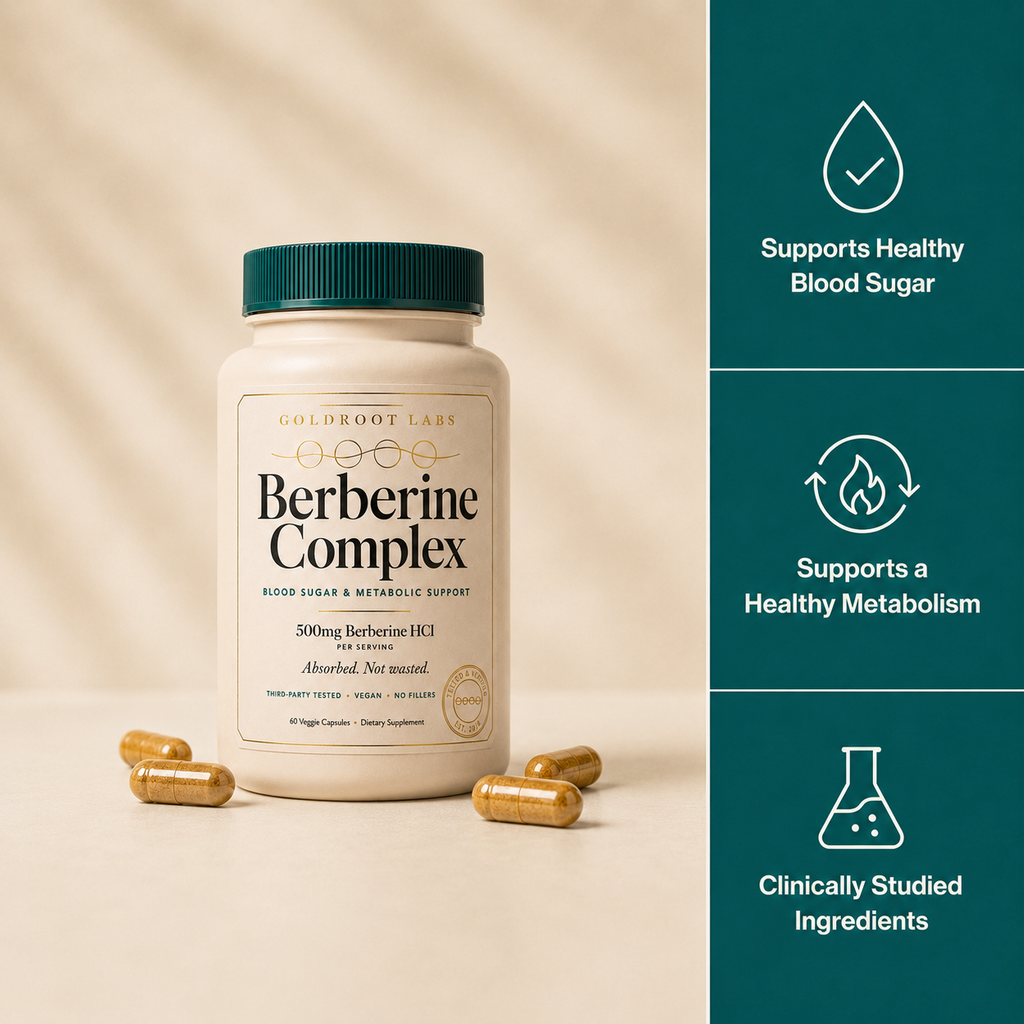 Goldroot Labs Berberine Complex 500mg supplement bottle, front