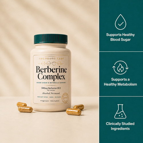 Goldroot Labs Berberine Complex 500mg supplement bottle, front